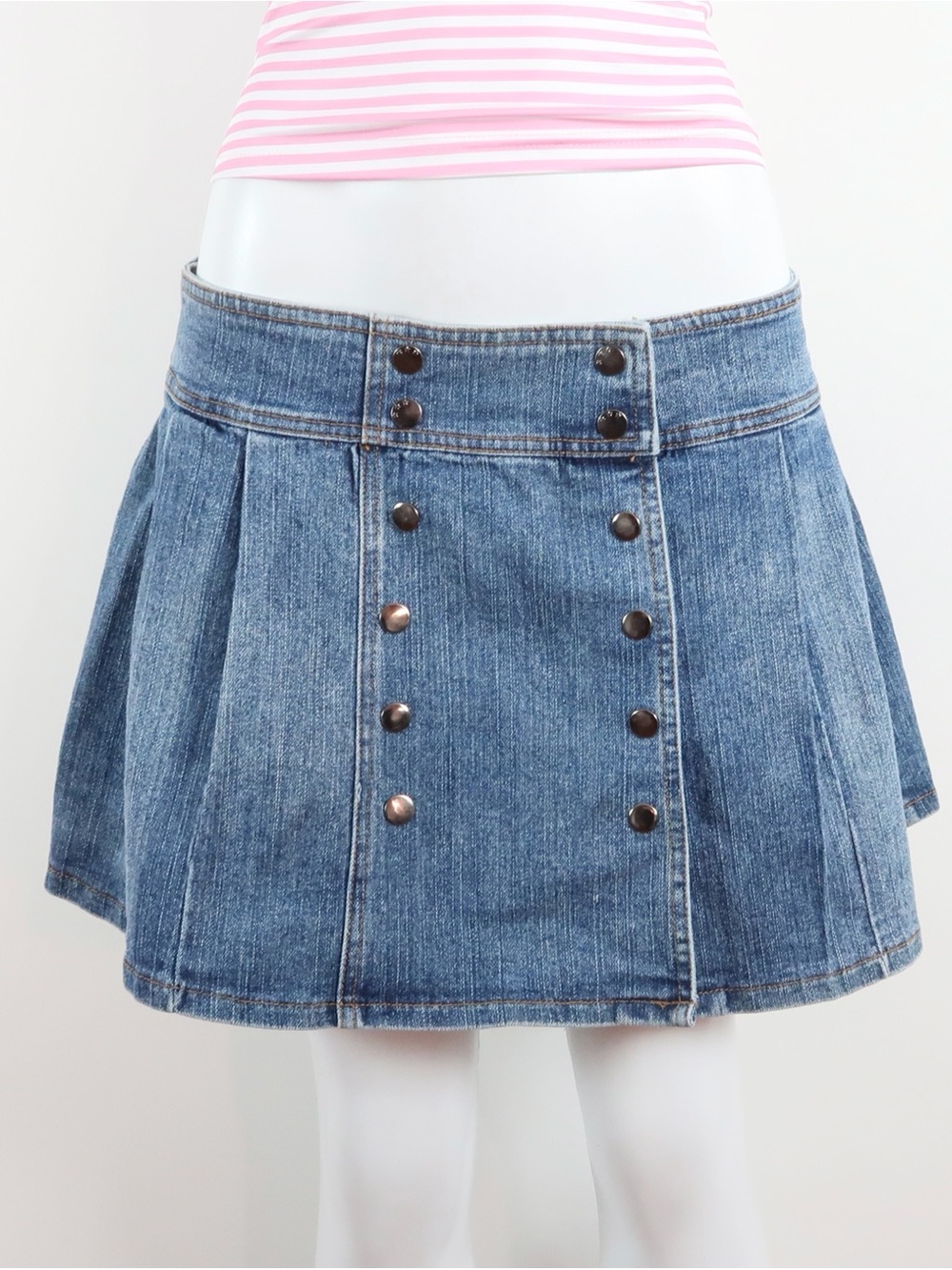 Denim Pleated Mini Skirt with Double-Row Snap Buttons - Blue